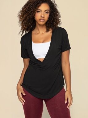 POPFLEX Black Draped V-Neck Short Sleeve Top